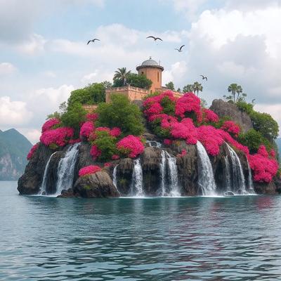 The primary subject of the image is a large rock with a castle-like structure on top of it. The rock is surrounded by water, and there are several waterfalls cascading down the sides of the rock. The setting is a serene body of water, and the visual style is a combination of photo and digital art. The dominant colors in the image are pink and red, creating a vibrant and lively atmosphere.